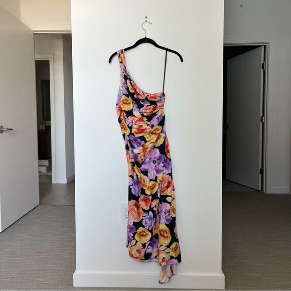 Anthropologie Geisha Designs Asymmetrical Hem Midi Dress in Purple Motif Size S - Picture 4 of 4